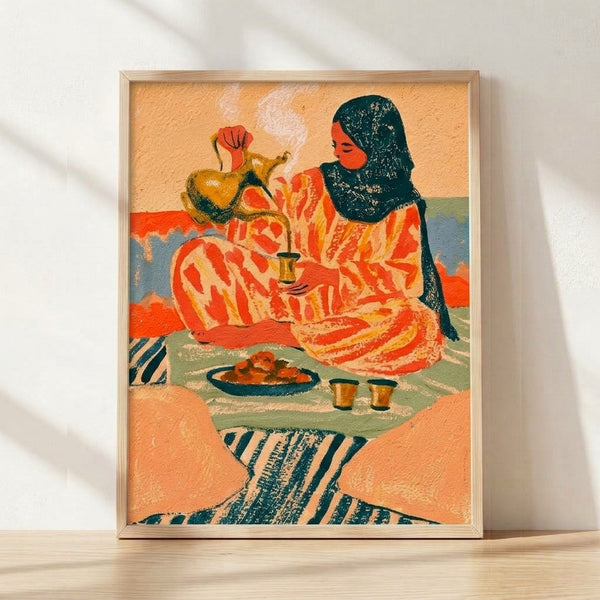 Framed vintage art deco poster depicting a woman in traditional dress pouring coffee from a gourd into pottery vessels, rendered in warm burnt orange, terracotta, and sage green tones evoking nostalgic domestic tranquility.