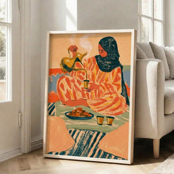Boho wall art print showing a figure in patterned fabric performing a Moroccan coffee ceremony with earthenware vessels, featuring rich deep teal and cream accents against warm earth-tone background.
