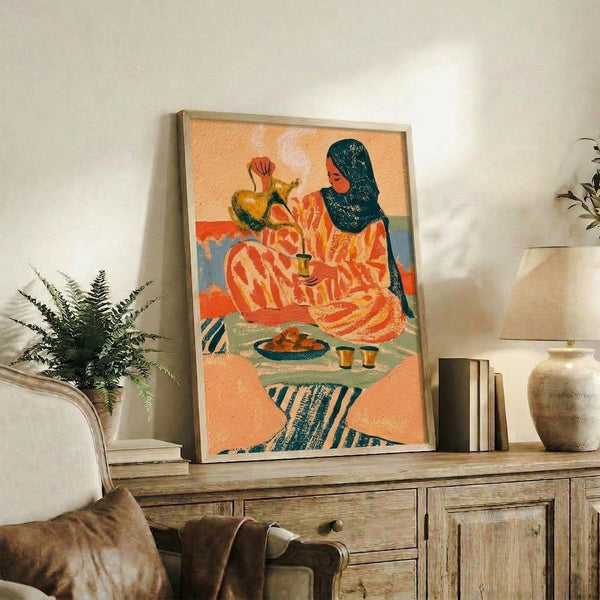 Retro-style framed poster of a woman conducting a traditional coffee ritual with decorative pottery and blanket, bathed in exotic amber and terracotta hues with sage green and cream highlights.
