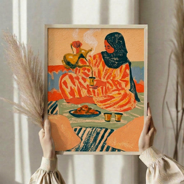 Vintage-inspired wall print capturing an intimate moment of coffee preparation with traditional gourd and ceramic vessels, palette of burnt orange, deep teal, and cream evoking warm cultural heritage.