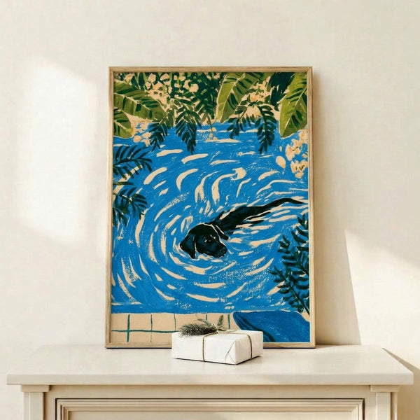 Retro folk art print showing a playful black dog paddling in water with cream and tan tones accenting lush green foliage in a nostalgic leisure-themed composition.