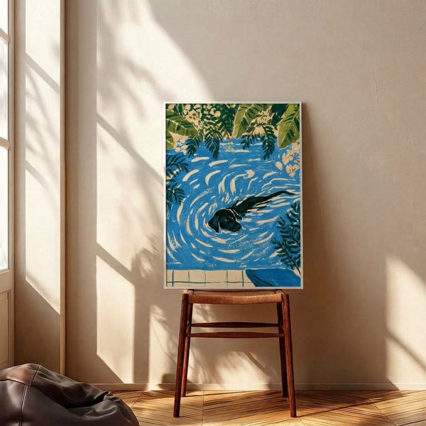 Retro pool scene poster art with a black Labrador enjoying water surrounded by decorative ferns, rendered in warm cream and tan hues against cool blue tones.