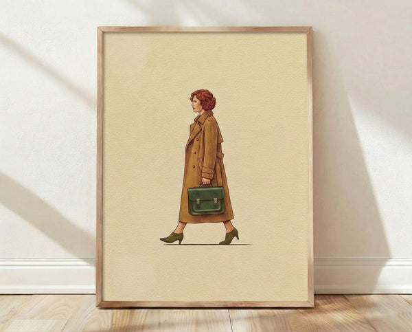 Vintage 1970s line art illustration of a sophisticated woman in a long coat and boots carrying a structured handbag, rendered in cream, brown, olive, and rust tones.