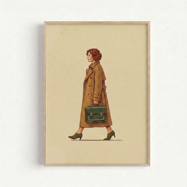 Retro line drawing depicting a chic woman striding in a tailored coat with boots and bag, evoking nostalgic 1970s fashion aesthetics in warm earth-tone colors.