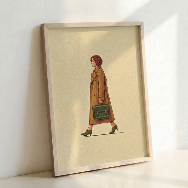 1970s-inspired poster art showing an elegant woman in vintage attire—long coat, boots, and carrying bag—drawn in minimalist line style with cream and warm brown hues.