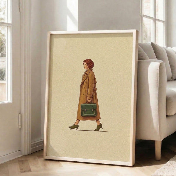 Sophisticated retro illustration of a fashionable woman in seventies-style coat and boots with handbag, featuring nostalgic line art in olive, rust, cream, and brown tones.