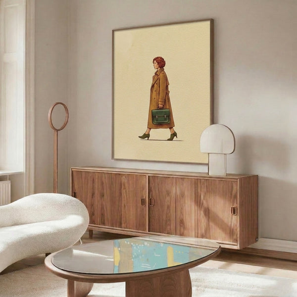 1970s aesthetic wall art featuring a stylized woman in a tailored coat and boots with handbag, drawn in minimalist line technique using warm nostalgic tones.