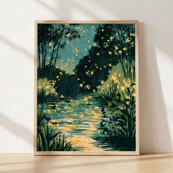 Serene nocturnal garden scene with a gentle stream, bamboo stalks, and delicate flowers framed as a vintage impressionist poster in soft teal, golden yellow, and forest green tones.
