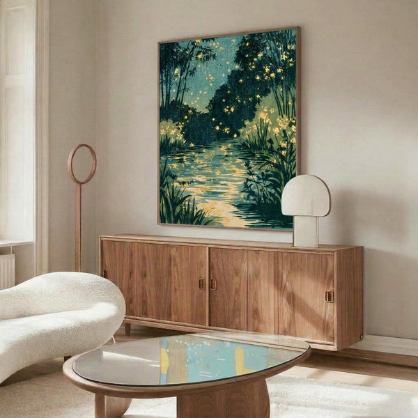 Mystical twilight woodland landscape featuring fireflies dancing over water lilies and foliage, rendered in muted ochre and teal hues with a contemplative Japandi aesthetic.