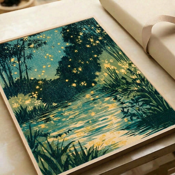 Tranquil stream winding through a moonlit garden of bamboo and blooming flora, painted in impressionist style with cream, dark green, and golden accents suggesting magical firefly-lit serenity.