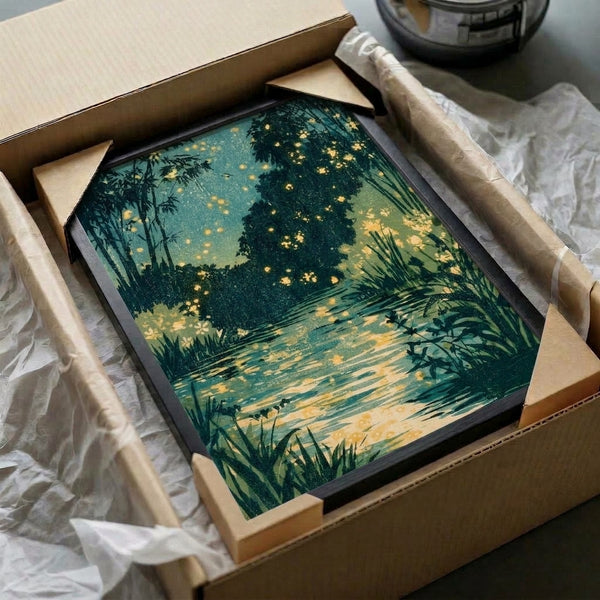 Nocturnal botanical composition with flowing water, flowering trees, and luminous fireflies in a peaceful garden setting, captured in vintage impressionist tones of teal and pale gold.