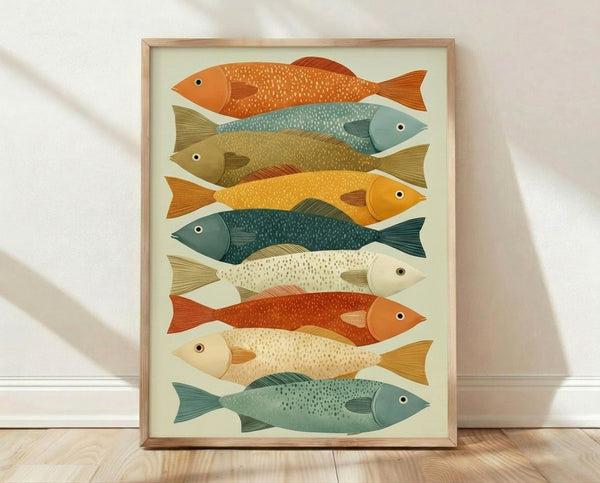 Minimalist illustration of stacked fish in cream, sage green, and teal tones, framed as a wall art print with calm, naturalistic appeal.