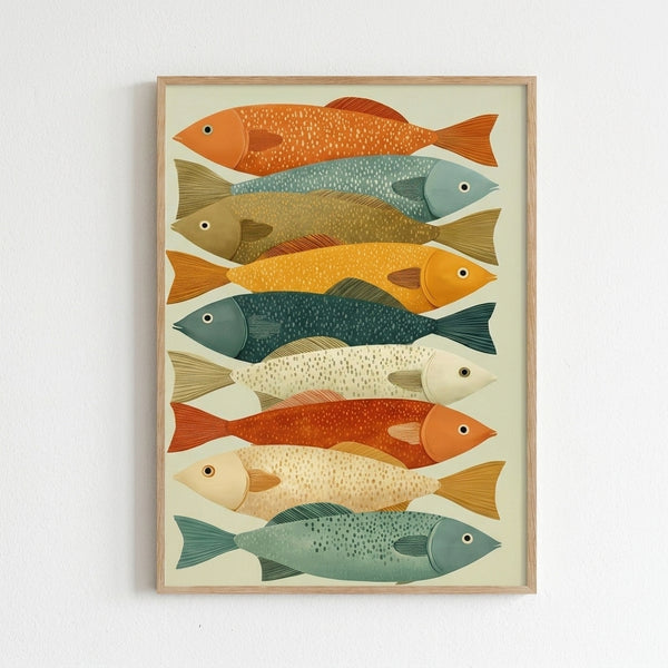 Vintage-style Japandi fish artwork featuring overlapping fish with detailed scales and fins in warm orange and mustard accents on cream background.