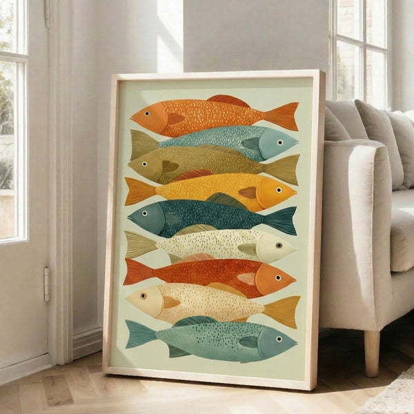 Calm botanical-style fish art print displaying layered fish forms in teal, mustard yellow, and sage green on pale cream ground.