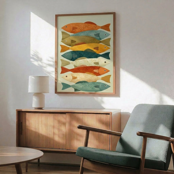 Japandi wall art depicting stacked fish with delicate fin details in a minimalist composition of cream, teal, orange, and muted green tones.