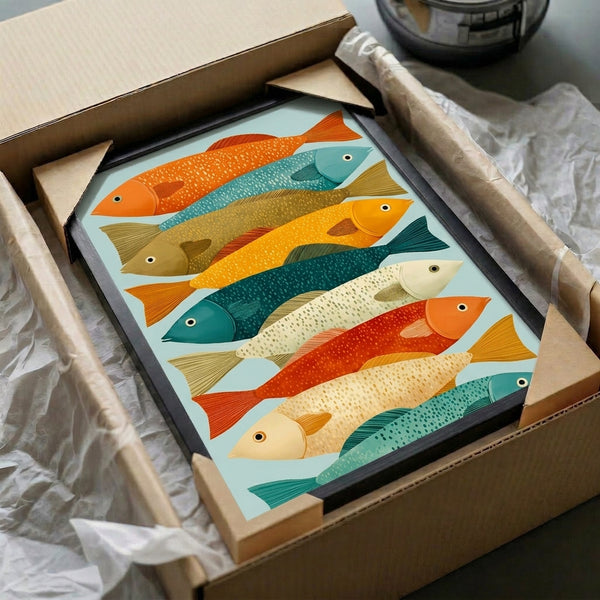 Naturalistic fish illustration in vintage minimalist style, featuring organized stack of fish rendered in sage green, mustard, and teal on cream.