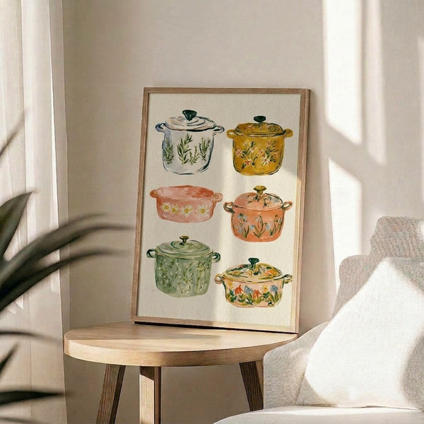 Boho-inspired watercolor poster featuring decorative casserole pots filled with vibrant florals and botanical elements in soft, earthy hues on a cream background.