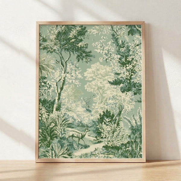 Framed poster art print featuring a serene woodland scene with deer among sage green trees, ferns, and delicate flowers in a vintage toile style, evoking pastoral nostalgia with muted cream and forest green tones.