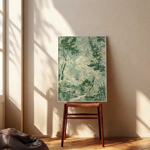 Grandmillennial-style framed poster showcasing a tranquil deer forest landscape in sage green and cream tones with ornate floral and fern details in classic toile tradition.