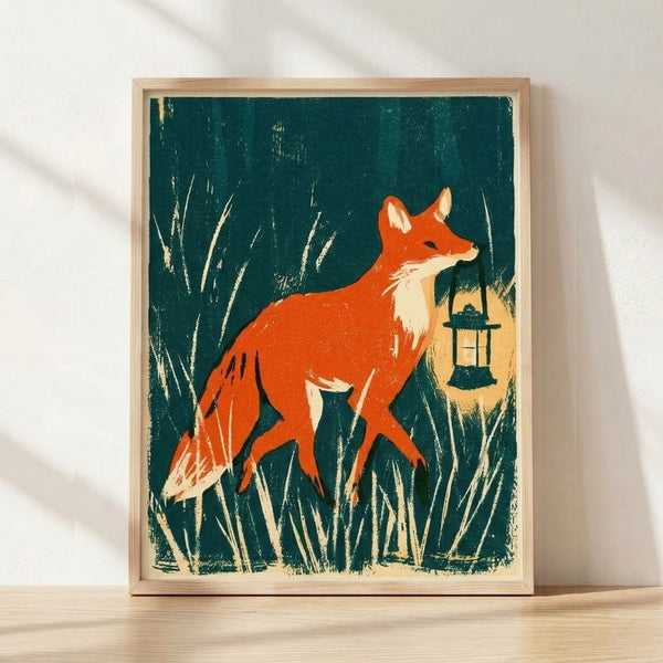Vintage woodblock art print featuring a fox holding a lantern amid tall reeds in deep teal, burnt orange, and cream tones, evoking a whimsical storybook mood.