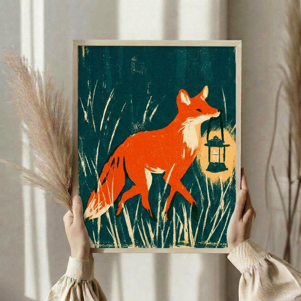 Folk art style framed poster of a fox with lantern surrounded by grass and reeds in rich jewel tones and warm oranges, with nostalgic, cottage-core appeal.