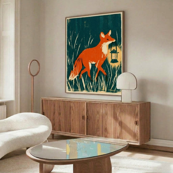 Retro woodblock-inspired print showing a fox carrying a lantern through tall vegetation in dark green and teal hues, capturing a whimsical woodland atmosphere.