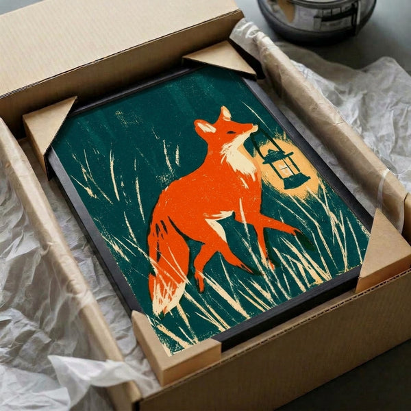 Vintage folk art poster depicting a solitary fox with glowing lantern among reeds, rendered in muted teals, burnt orange, and cream for a storybook aesthetic.