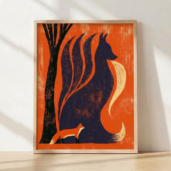 Vintage Art Nouveau silhouette of a nine-tailed fox spirit intertwined with a gnarled tree, rendered in burnt orange, navy blue, and cream tones against a black background, evoking mystical elegance.