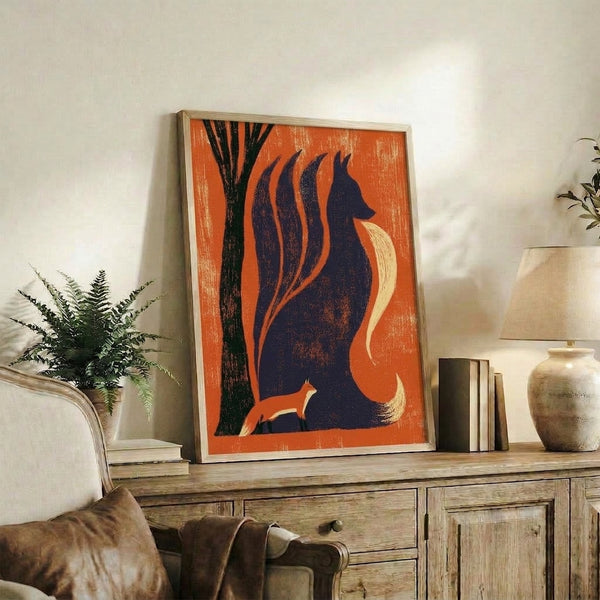 Framed poster art featuring an ornate silhouette of a mythical nine-tailed fox wrapped around ancient tree branches in warm burnt orange and deep navy, creating an ethereal, vintage-inspired composition.