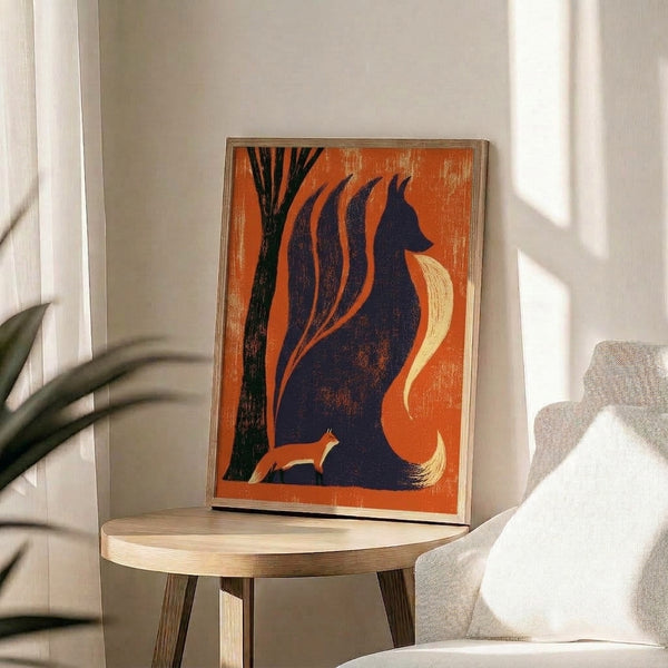Art Nouveau wall print depicting a mystical fox spirit in elegant silhouette form, blended with twisted tree limbs in rich burnt orange and navy hues, conveying gothic charm and folkloric mystery.