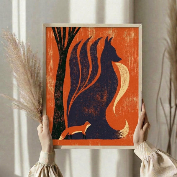 Silhouette artwork of a nine-tailed fox spirit entwined with a tree, rendered in vintage Art Nouveau style using warm burnt orange, navy blue, and cream pigments for an enchanting, timeless aesthetic.