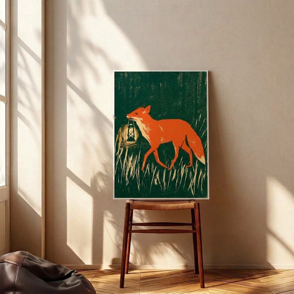 Wall art print in vintage folk style featuring a fox holding an illuminated lantern in grassland, with cream, gold, and deep green tones evoking a cozy, timeless woodland feeling.