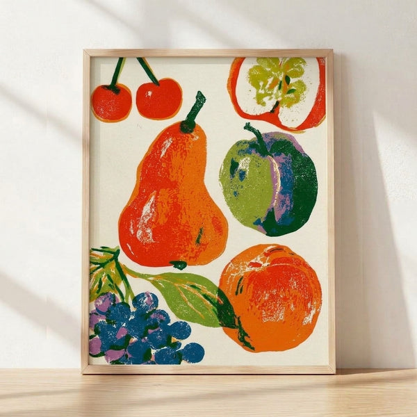 Retro fruit screenprint featuring tomatoes, pears, bell peppers, and blueberries in warm red-orange, chartreuse green, cream, and deep blue tones on a framed poster with a nostalgic, cheerful boho aesthetic.
