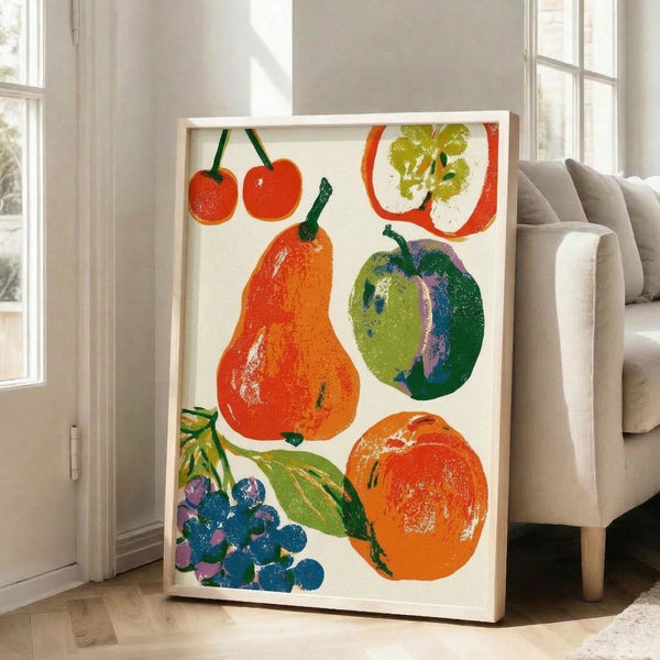 Vintage-style botanical art print displaying an orchard arrangement of colorful produce including peppers and berries in muted mauve, orange, and green hues, evoking rustic cottagecore charm.