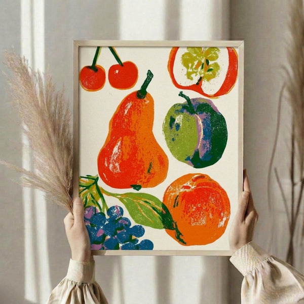 Folk art inspired fruit poster with leafy stems and garden vegetables rendered in retro color palette of cream, chartreuse, and deep blue, capturing a whimsical nostalgic mood.