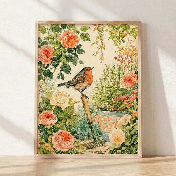 Watercolor poster of a robin perched in a lush rose garden with coral pink blooms, sage green foliage, and vintage gardening tools, evoking peaceful cottagecore charm in cream and burnt orange tones.