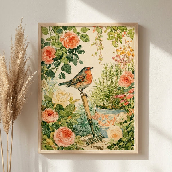 Peaceful watercolor garden scene with a robin surrounded by rose blossoms, potted plants, and a rake, rendered in muted coral pink, sage green, and pale yellow with cottage charm.