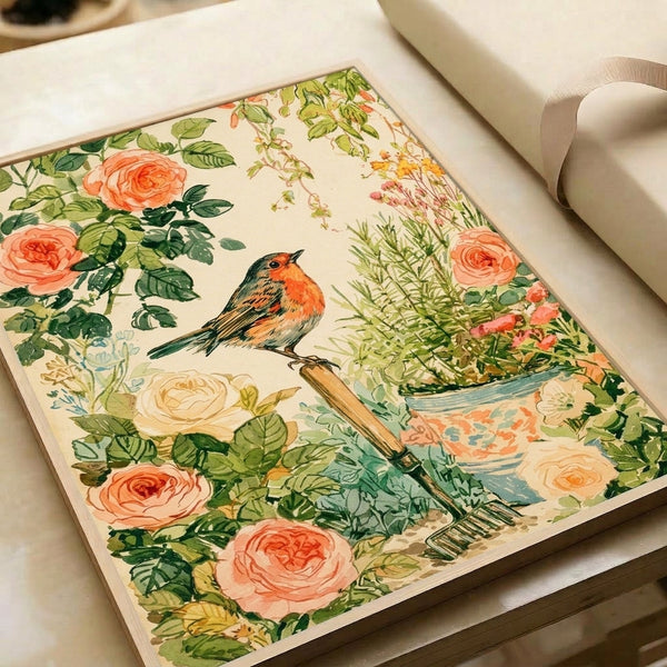 Cottagecore watercolor poster depicting a robin in a blooming rose garden with vintage gardening elements, painted in soft cream, burnt orange, and sage green tones creating nostalgic garden appeal.