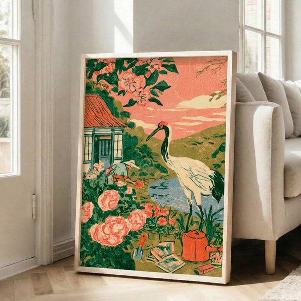 Vintage Japandi wall art showing a pastoral garden cottage scene with a crane, roses, and water elements in soft blue and cream, evoking nostalgic tranquility.