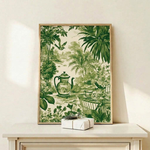 Botanical wall art in grandmillennial style showing a nostalgic garden tableau with teapot, flora, and bird rendered in soft green and pale yellow-green hues with vintage toile detailing.