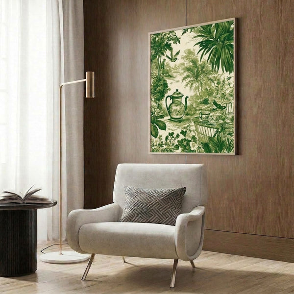 Cottagecore-inspired framed poster depicting a tranquil garden arrangement with ceramic teapot, delicate flowers, lush plants, and perched bird in soothing forest green and cream palette.