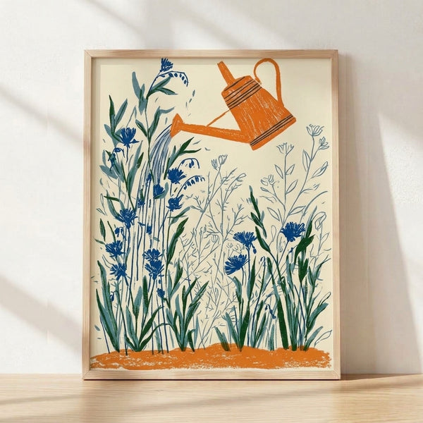 Vintage minimalist poster of a terracotta watering can pouring water over navy blue cornflowers in sage green soil, rendered in warm cream tones with a calm, nurturing botanical aesthetic.