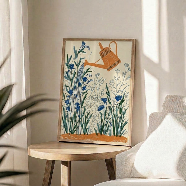 Minimalist botanical print showing a terracotta watering can tending to blooming cornflowers against a cream background with muted sage and navy accents, evoking vintage garden charm.