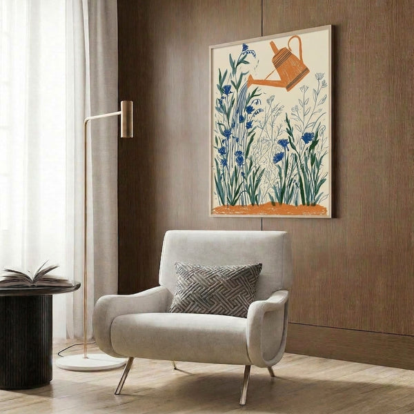 Calm, nurturing garden poster in vintage minimalist style depicting a watering can and cornflowers in navy blue and sage green on a cream canvas, perfect cottagecore wall decor.
