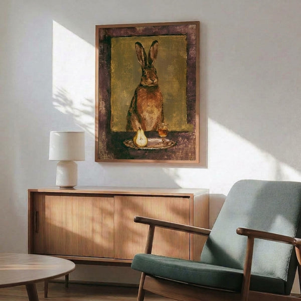 Contemplative folk art print featuring a rabbit gazing at a pear and wine glass, painted in nostalgic earth tones and cream against a soft, aged background.