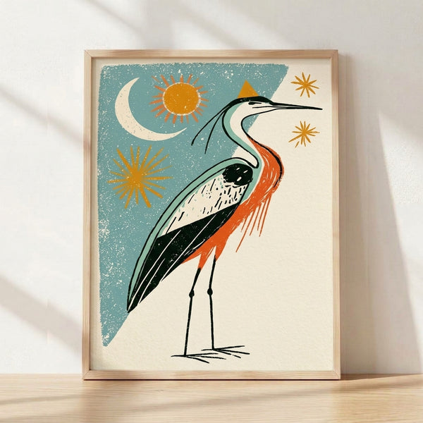 Vintage art deco style framed poster featuring a teal heron silhouette against a night sky with celestial sun, moon, and stars in gold and rust tones on cream background.