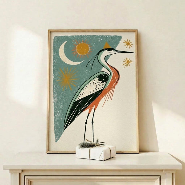 Retro heron art print in warm gold and teal tones with whimsical celestial motifs, displaying a serene nighttime mood in an art deco aesthetic.