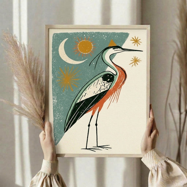 Art deco heron wall art print with celestial night sky design in muted gold, teal, and cream hues, evoking a serene, whimsical retro aesthetic.