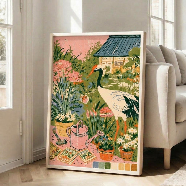Japandi-style art print featuring a serene crane amid a lush garden cottage scene with terracotta pots and flowering plants in muted pastels and charcoal accents.