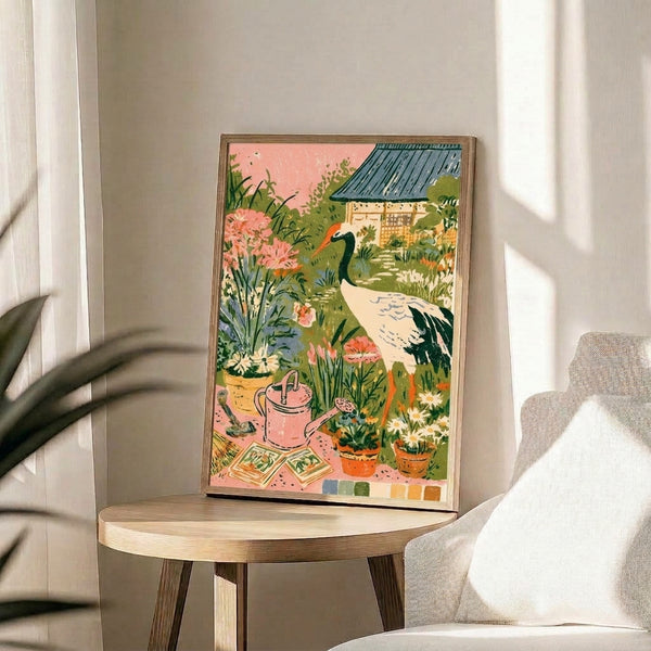 Vintage cottagecore wall art depicting a graceful crane tending a whimsical garden with soft florals, architectural details, and botanical elements in warm cream and sage hues.